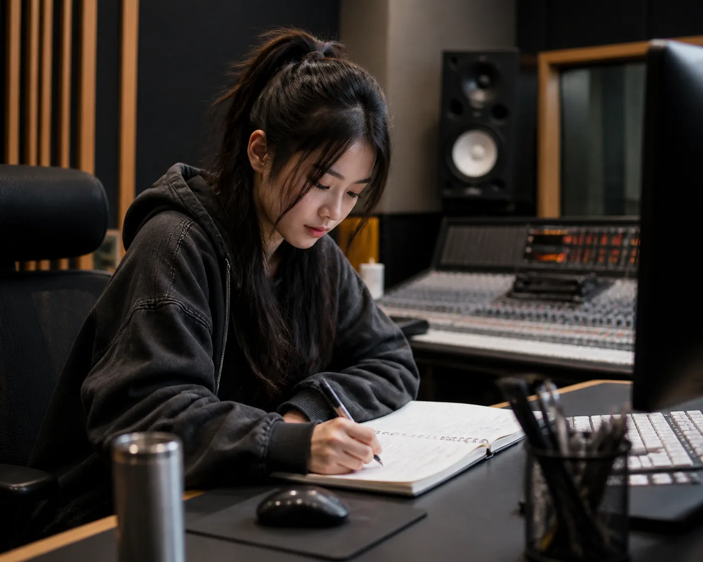 Studio microphones and headphones beside a notebook of song lyrics