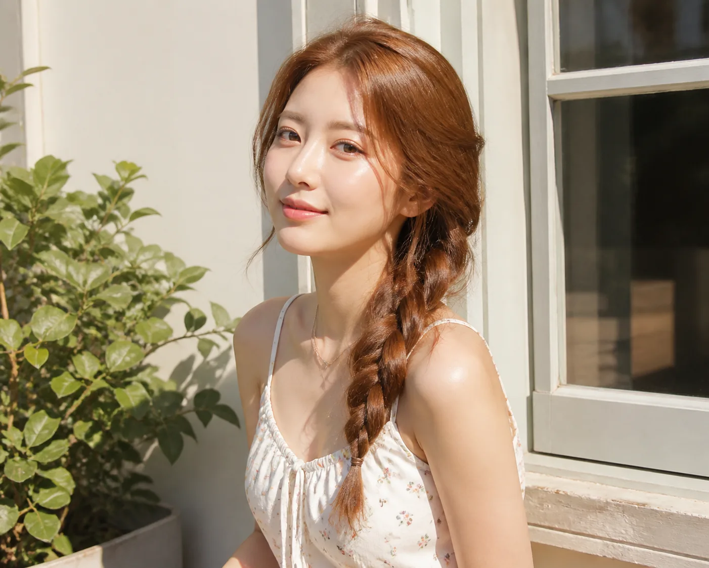 Summer fashion editorial with a braided hairstyle and warm natural light