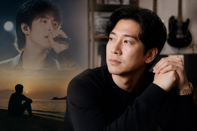 Editorial portrait concept of a Korean R&B singer reflecting on a music playlist