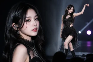 Editorial concert scene with dramatic stage fashion and performance lighting