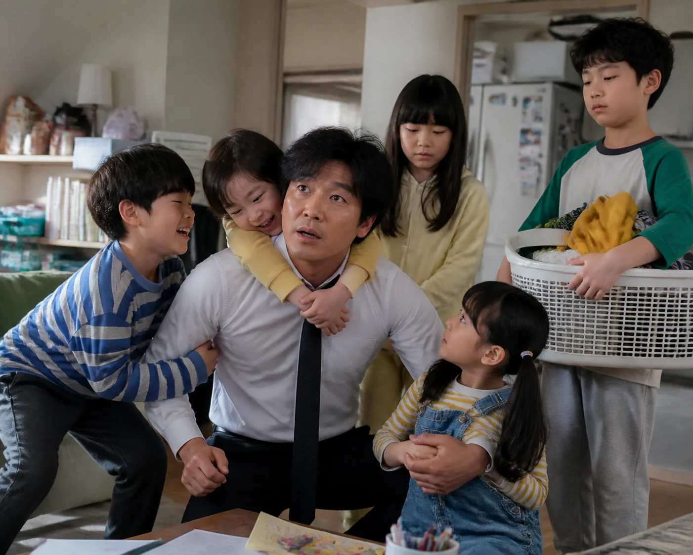 Korean detective parent preparing for work while caring for children