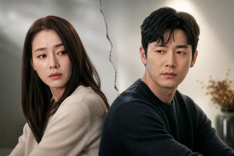 Korean drama-inspired image of a married couple standing apart in a snowy setting