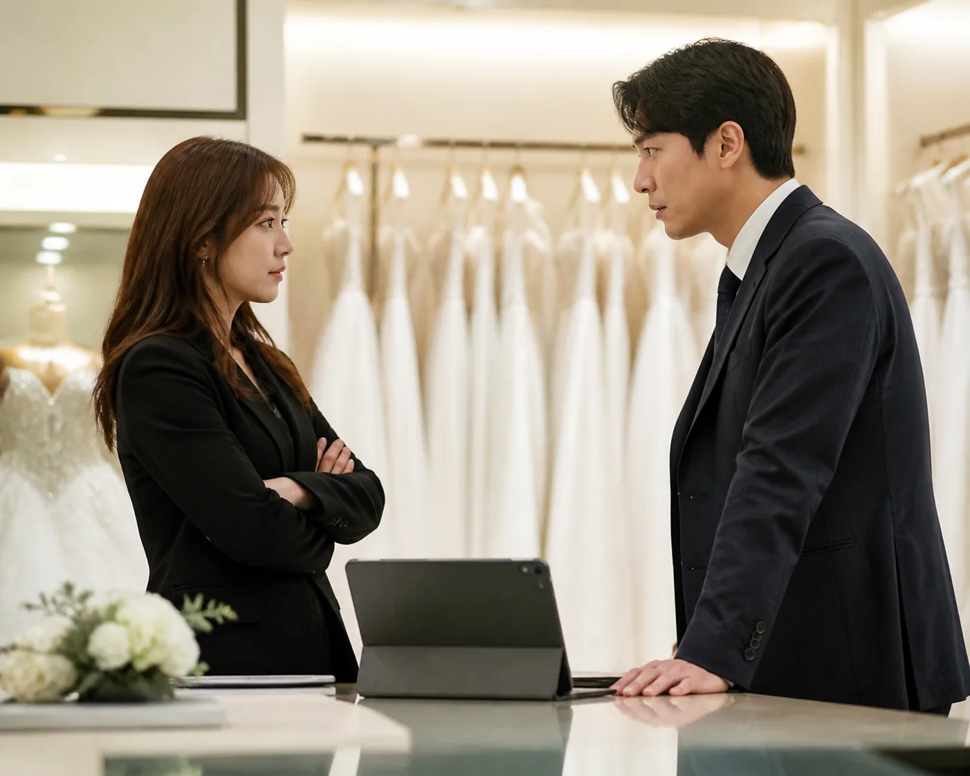 Editorial image of a wedding dress boutique workspace in a Korean drama setting