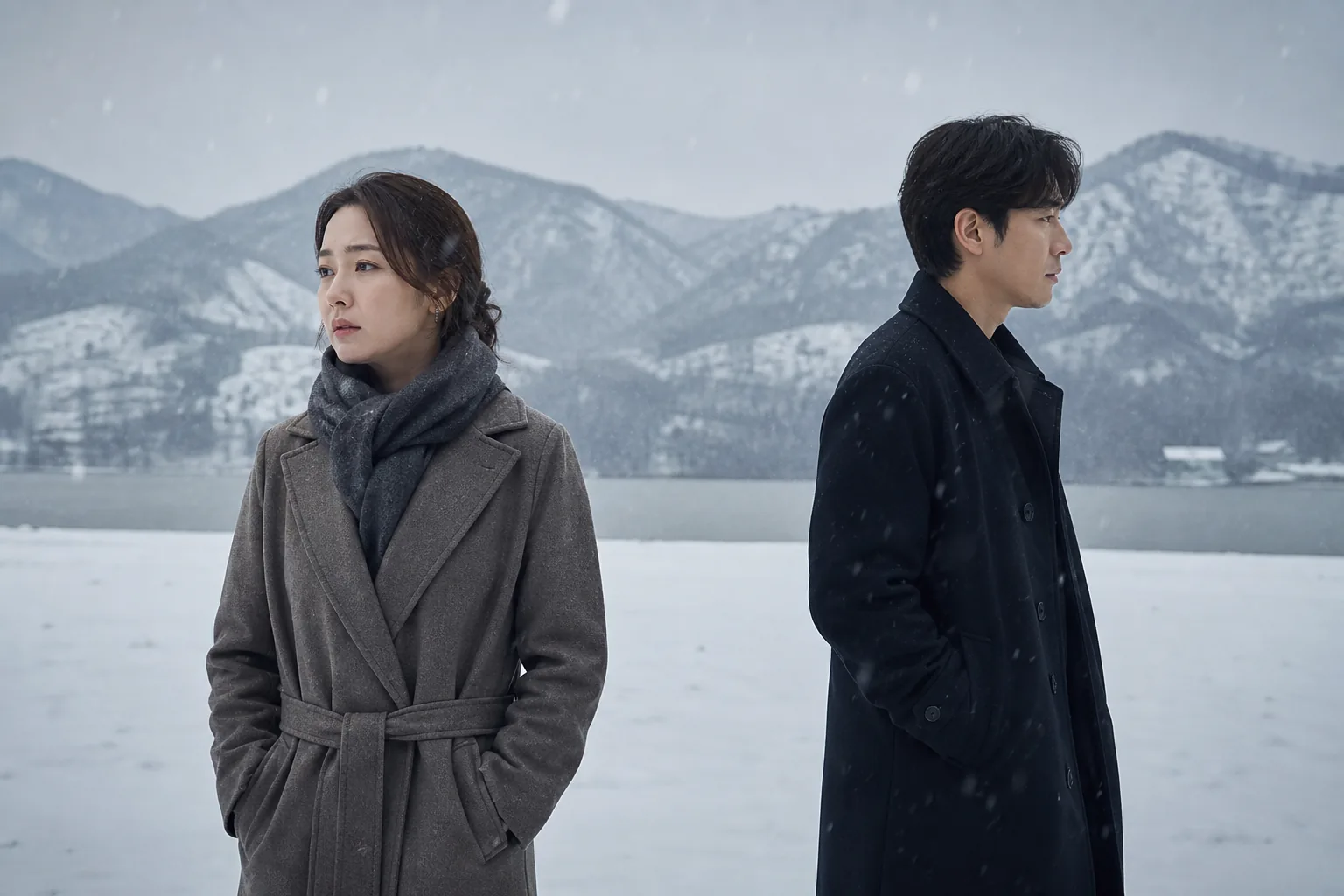 Editorial image of two people separated by emotional distance in a winter landscape