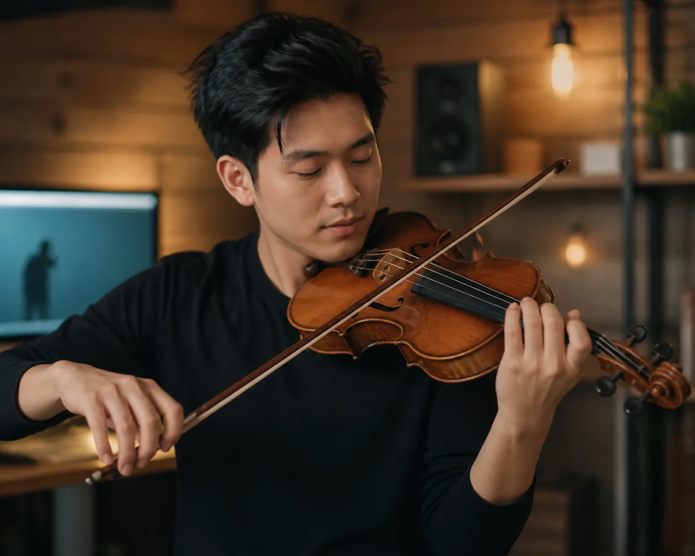 Violin resting beside a cozy home setting with cats nearby