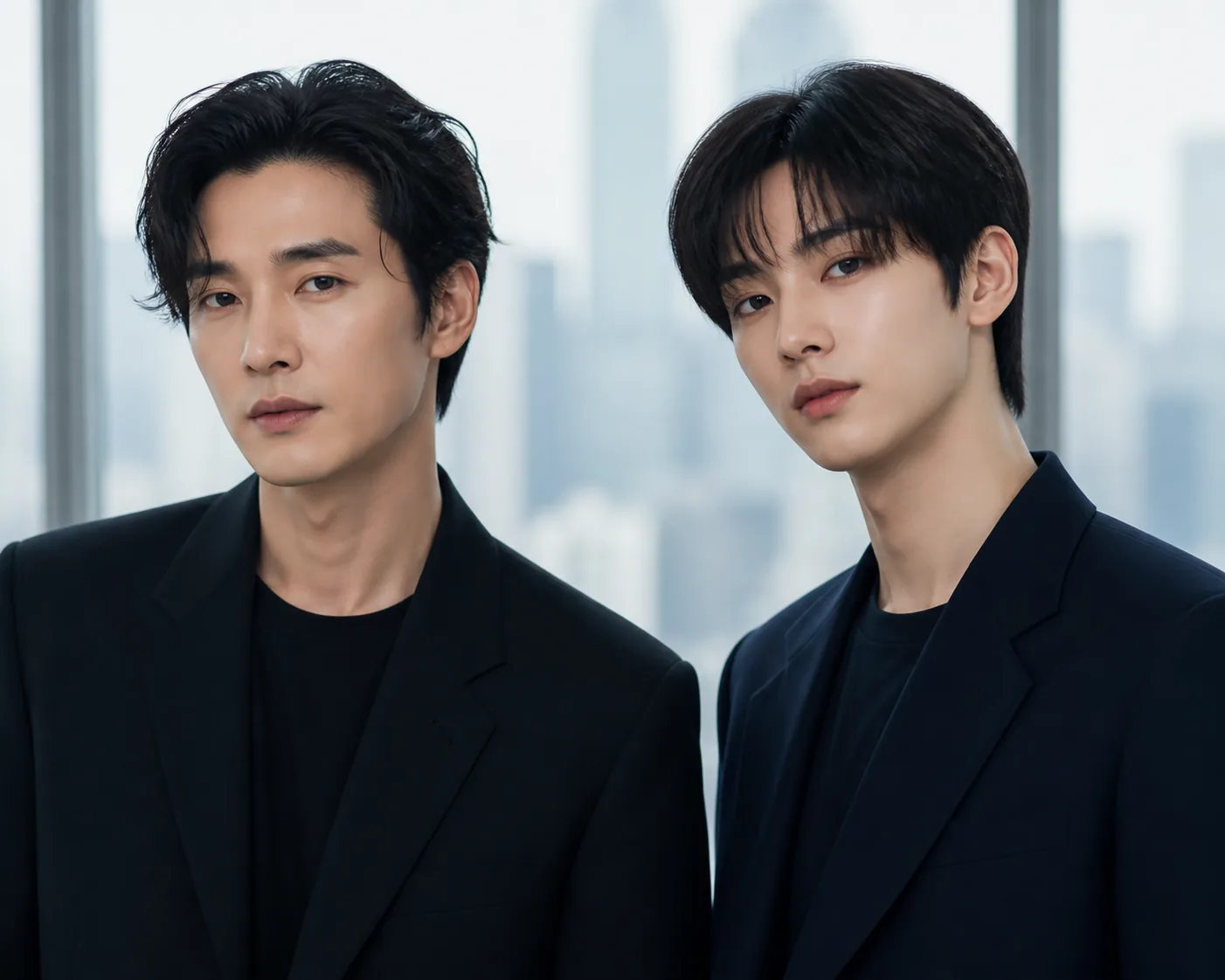 Modern Korean advertising studio set for a dual celebrity campaign