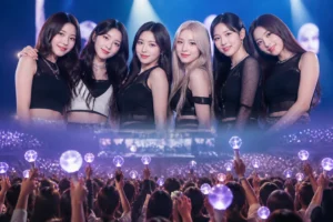 K-pop concert stage lit in blue for a new boy group fan club announcement