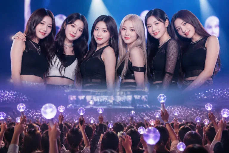 K-pop concert stage lit in blue for a new boy group fan club announcement