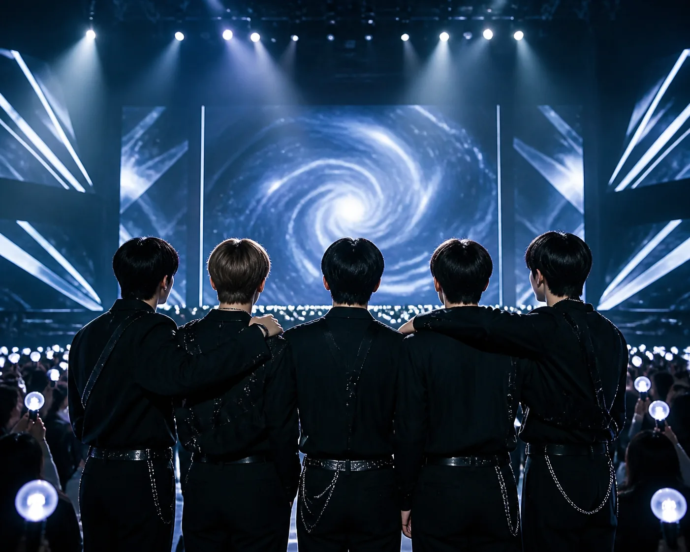 Fans holding glowing light sticks at a K-pop concert venue