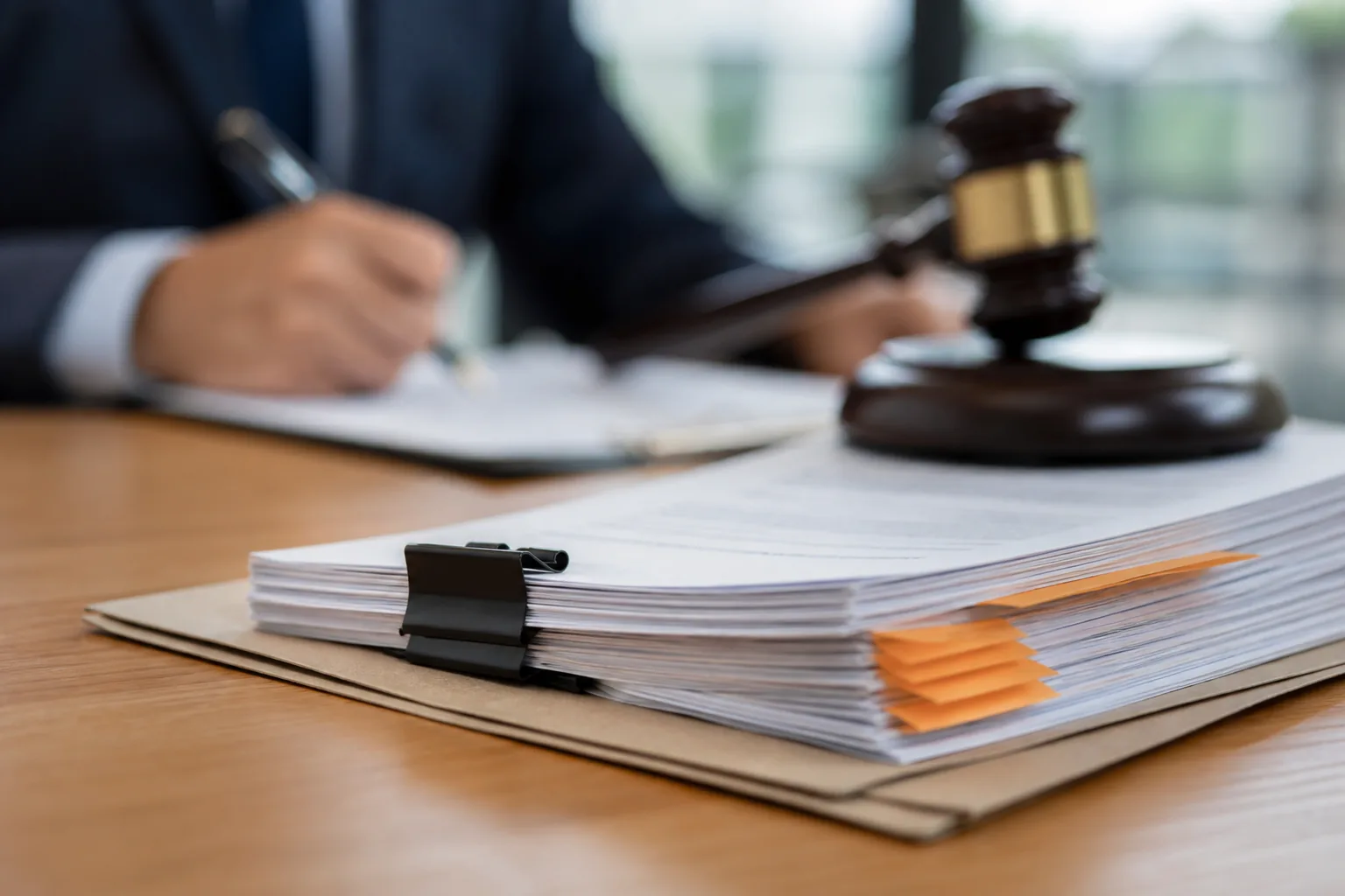 Editorial illustration of tax documents and a legal review in South Korea
