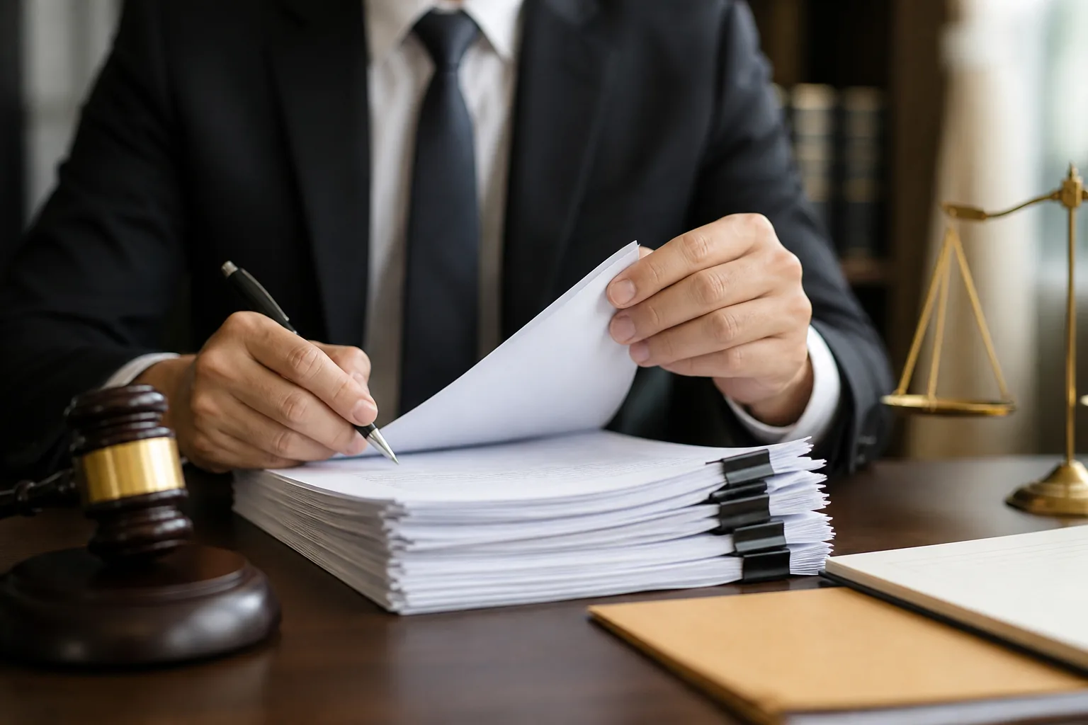 Editorial image of legal paperwork and a courthouse-style setting