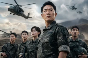 Soldiers standing outside a military base in a Korean drama-inspired editorial scene