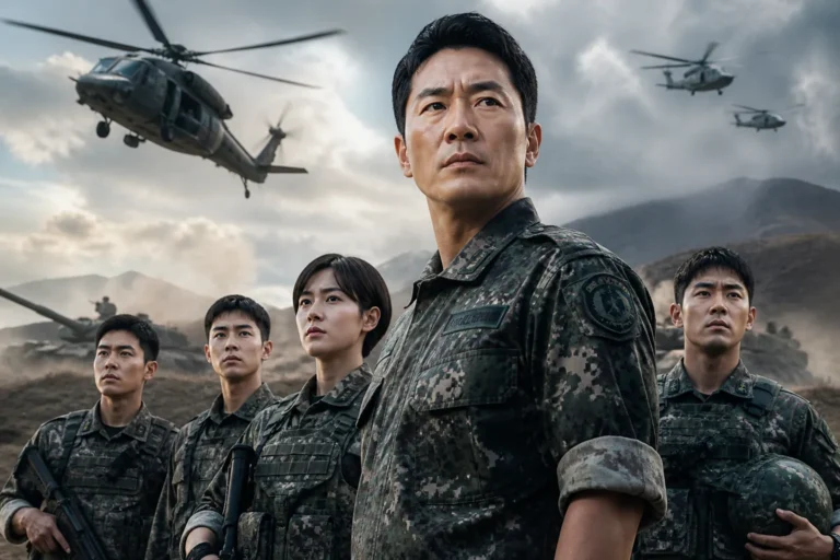 Soldiers standing outside a military base in a Korean drama-inspired editorial scene