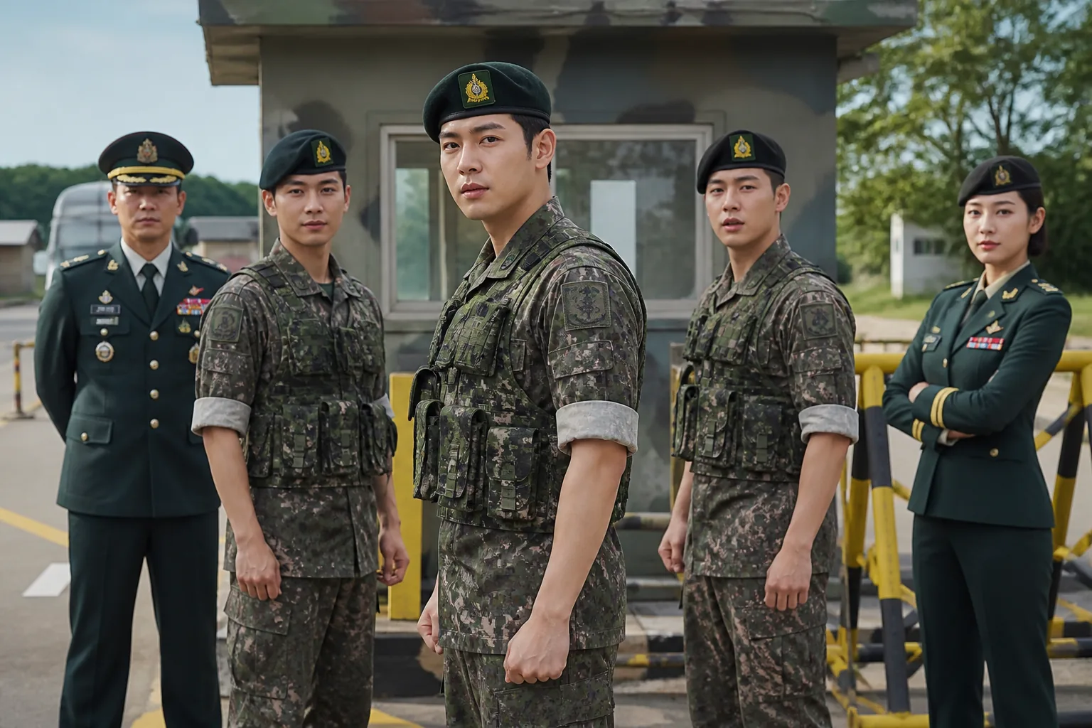 A stern commander addressing soldiers at a military base