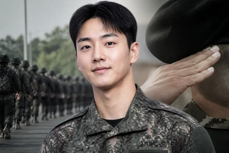 Editorial image representing a Korean actor beginning mandatory military service