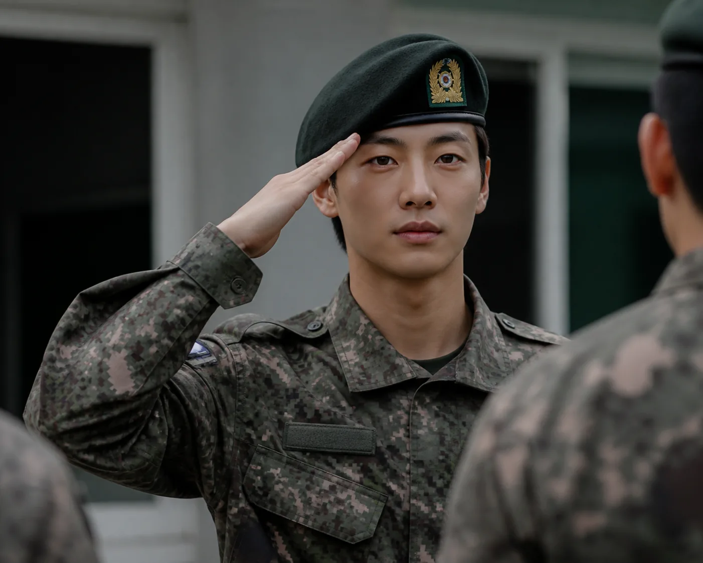 Respectful editorial scene representing a Korean actor's military service announcement