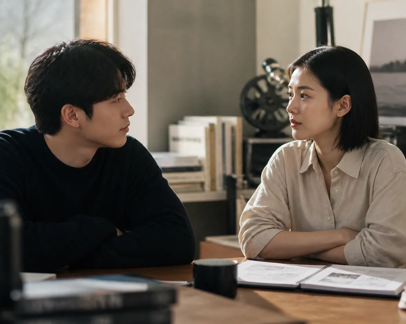Korean drama cast at a table read in a bright production room
