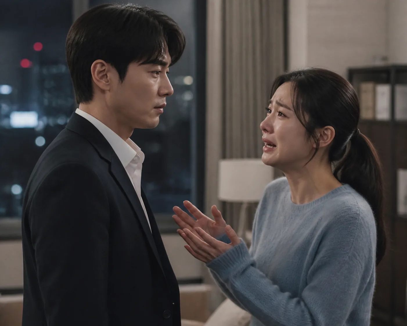 Two people in an emotional conversation in a softly lit apartment living room