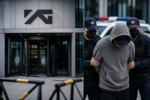 Modern entertainment company building entrance in Seoul at night