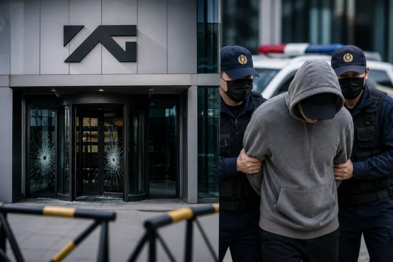 Modern entertainment company building entrance in Seoul at night