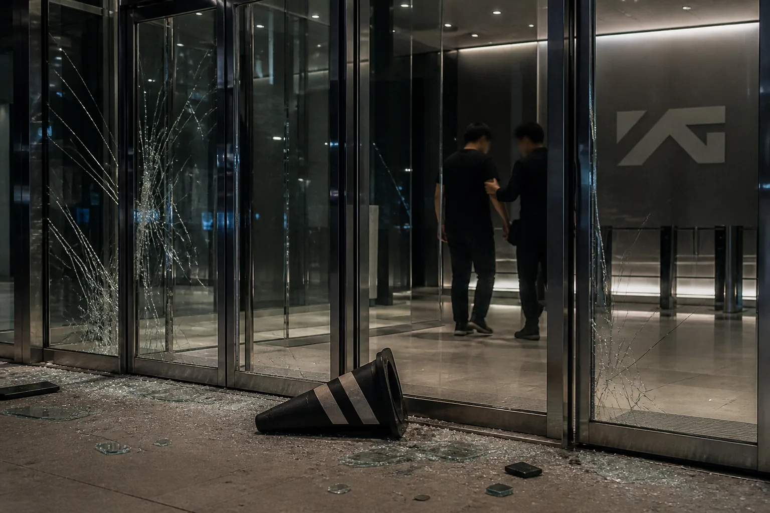Nighttime exterior of a modern Seoul office building entrance