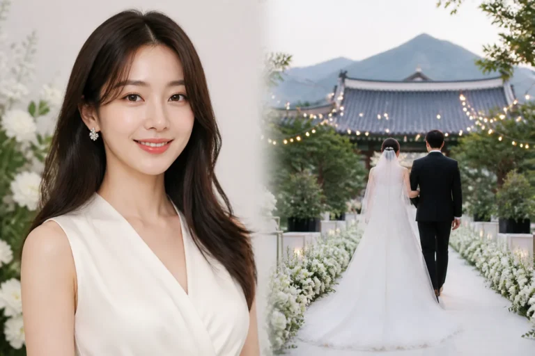 Elegant Korean wedding setting with white flowers and warm natural light