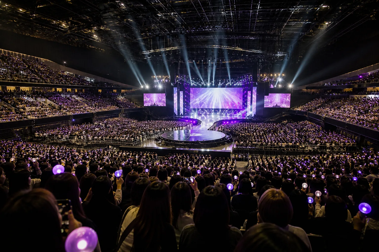 Nighttime Paris concert venue prepared for an international K-pop event