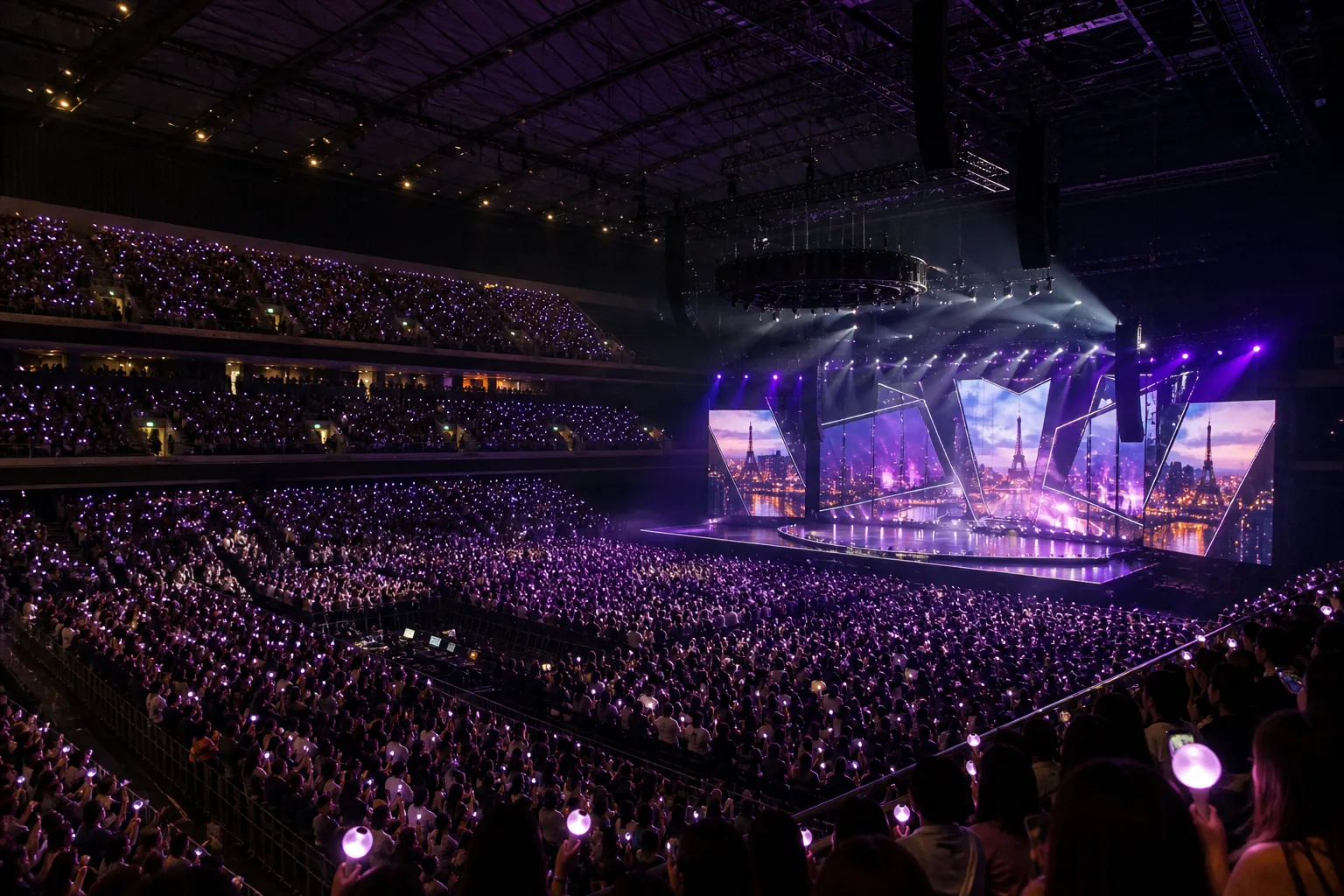 Diverse audience arriving for a K-pop concert inside a large indoor arena