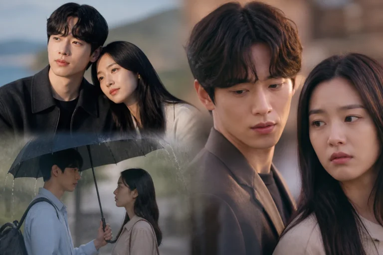 Romantic Korean drama couple walking together at sunset