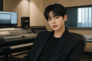 K-pop artist recording music in a modern studio for a new career chapter
