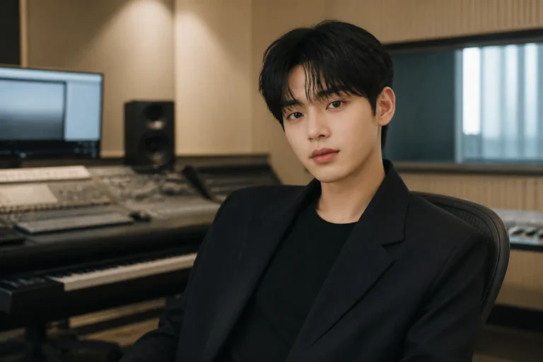 K-pop artist recording music in a modern studio for a new career chapter