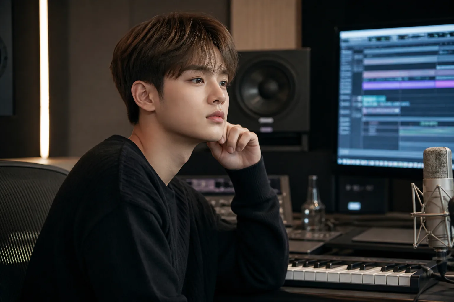 Recording studio microphone and mixing console representing a K-pop artist's new agency start