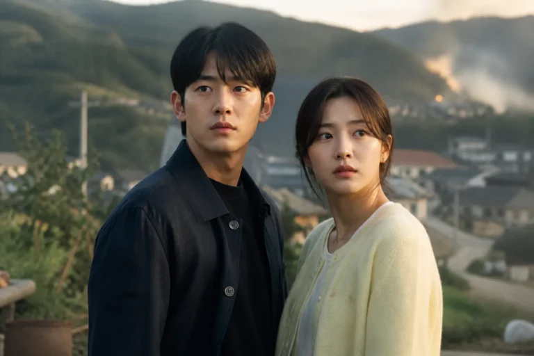 Korean romantic drama couple in a quiet countryside village setting