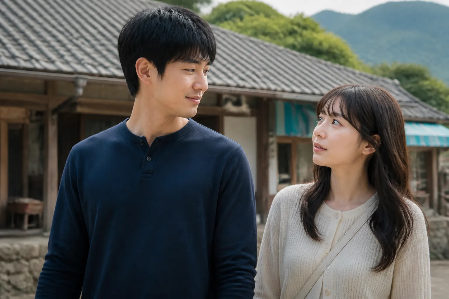 Romantic Korean drama couple walking through a traditional village