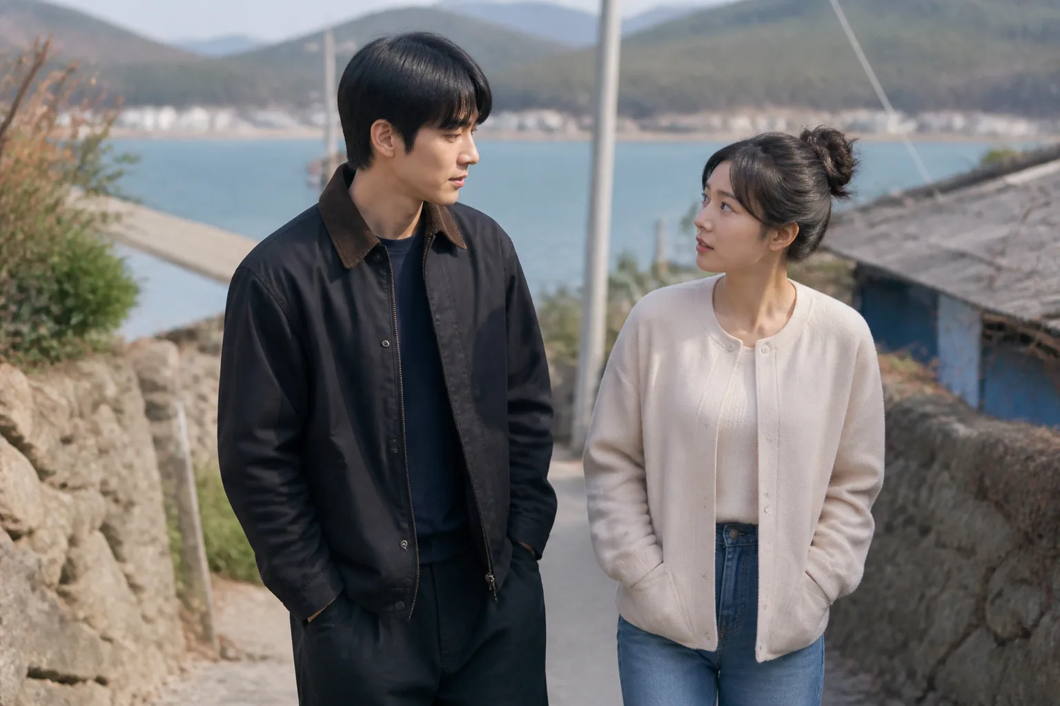 Korean crime thriller silhouette near a countryside village at night