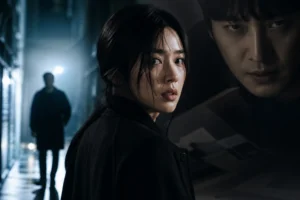Moody Korean thriller scene with a determined woman confronting a shadowy mystery