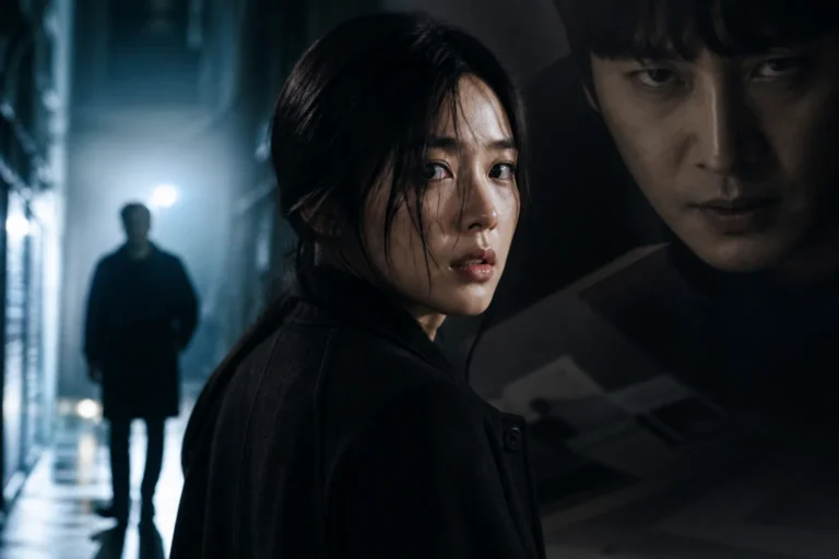 Moody Korean thriller scene with a determined woman confronting a shadowy mystery