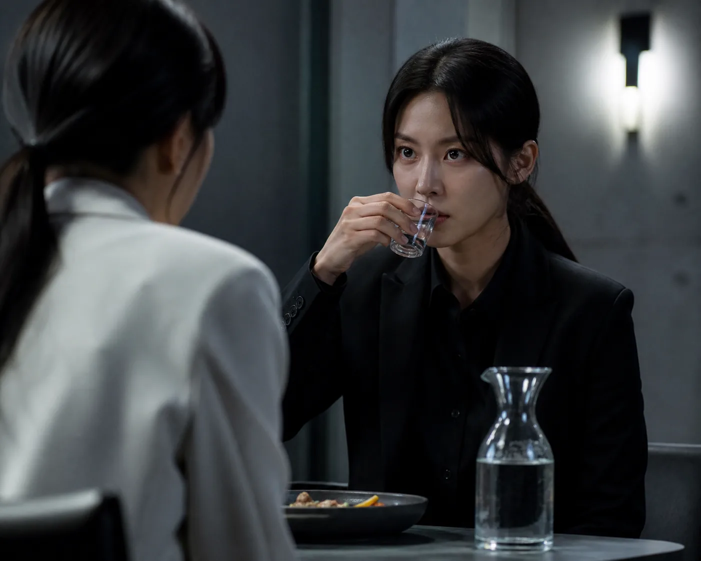 Editorial visualization of a woman facing a tense confrontation in a Korean thriller