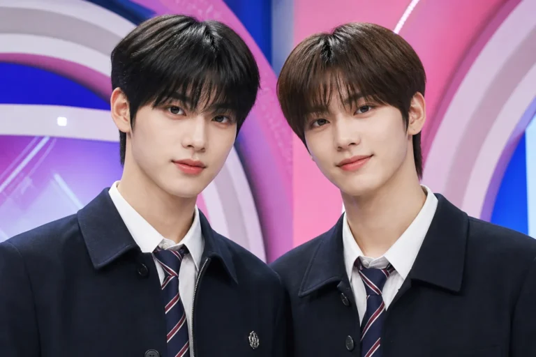 Two Korean music show hosts standing together on a brightly lit broadcast stage