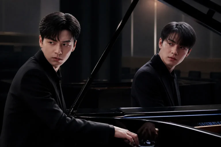 Two young pianists performing together at a grand piano in a rehearsal room