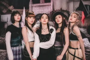 Editorial illustration of a K-pop music video milestone inspired by i-dle’s Tomboy