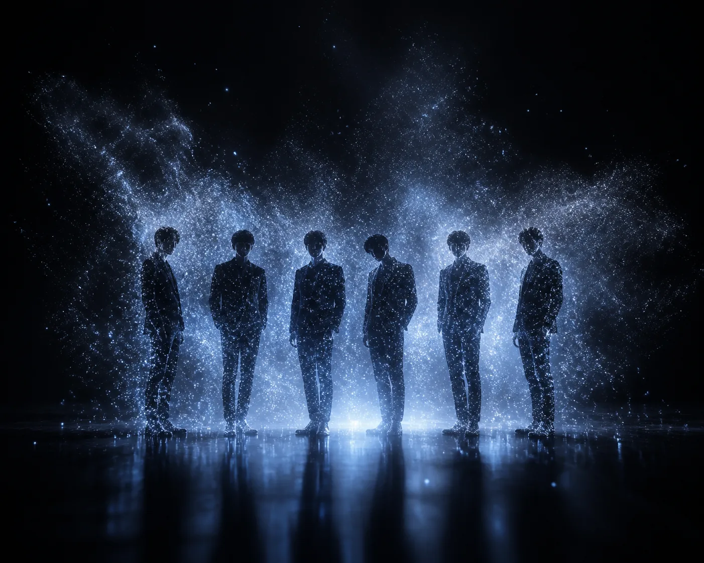 Glowing silhouettes representing a new chapter for a K-pop group