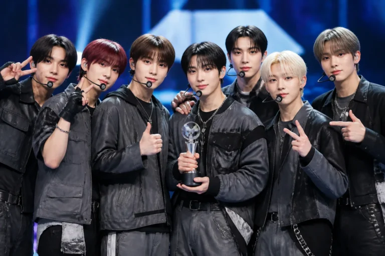 K-pop music show trophy on a brightly lit stage