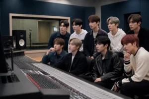 K-pop vocalists recording a drama soundtrack in a professional studio