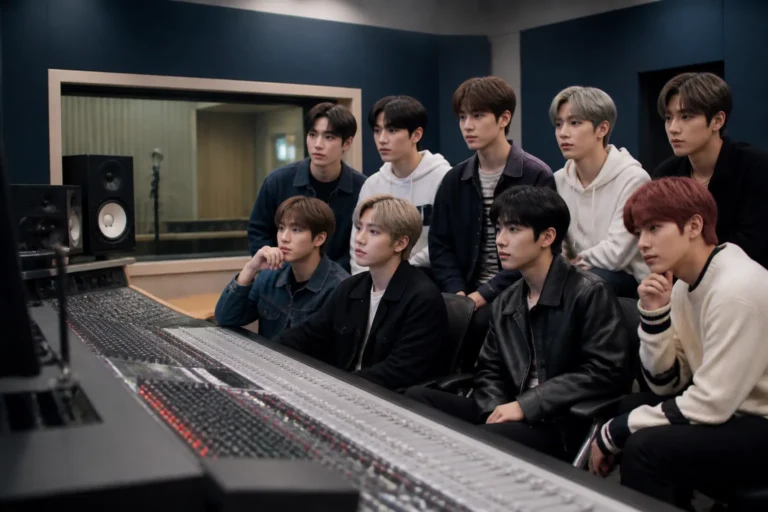 K-pop vocalists recording a drama soundtrack in a professional studio