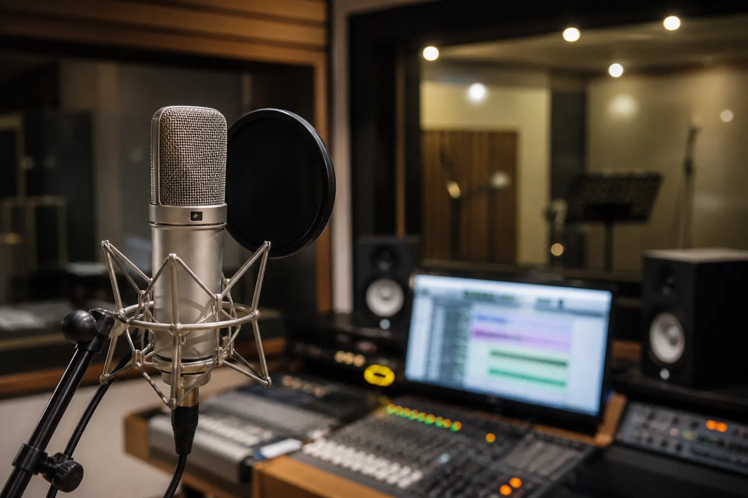 Music producers and vocalists discussing a drama OST session in a recording studio