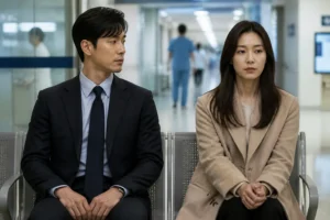 Dramatic Korean television scene of two people sitting outside a hospital