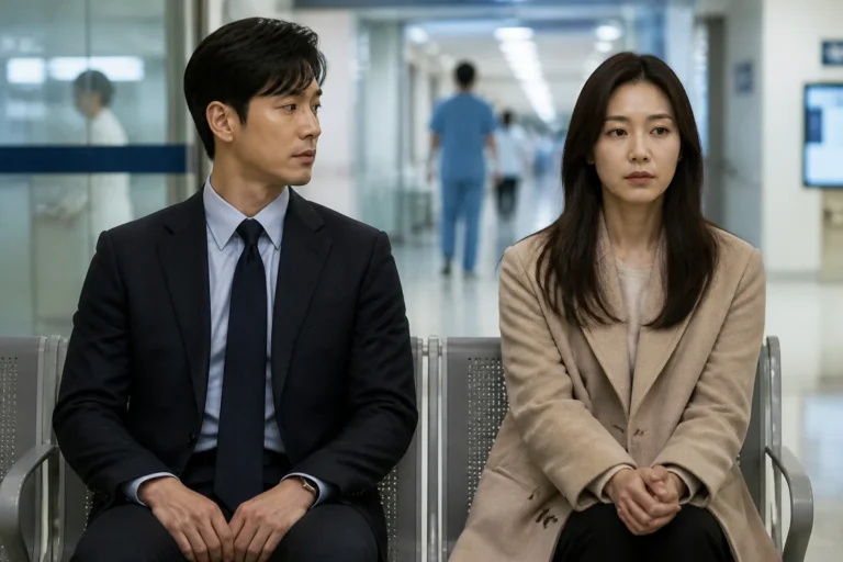 Dramatic Korean television scene of two people sitting outside a hospital