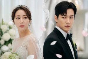 Elegant Korean drama-inspired wedding boutique interior with a bride in a gown