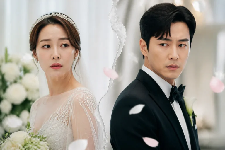 Elegant Korean drama-inspired wedding boutique interior with a bride in a gown